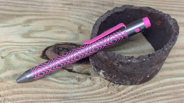 Titanium Custom Cerakote Pen close-up showing pink diamond pattern - Marksman model by NTI